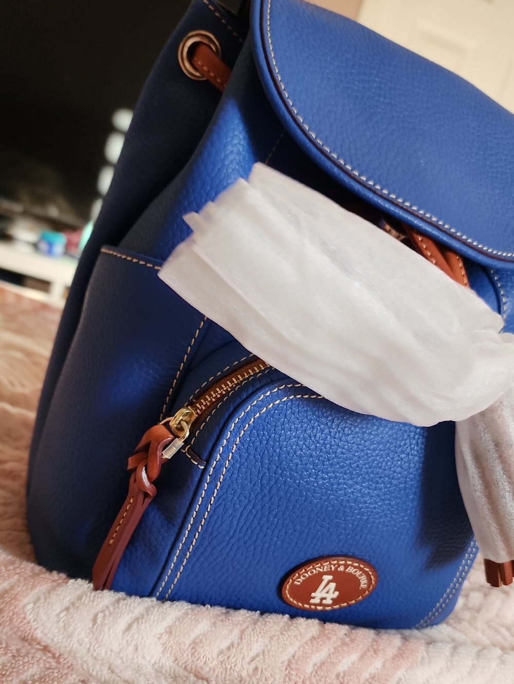 Dooney & Bourke Royal Blue Pebbled Leather Backpack with Tan Trim
